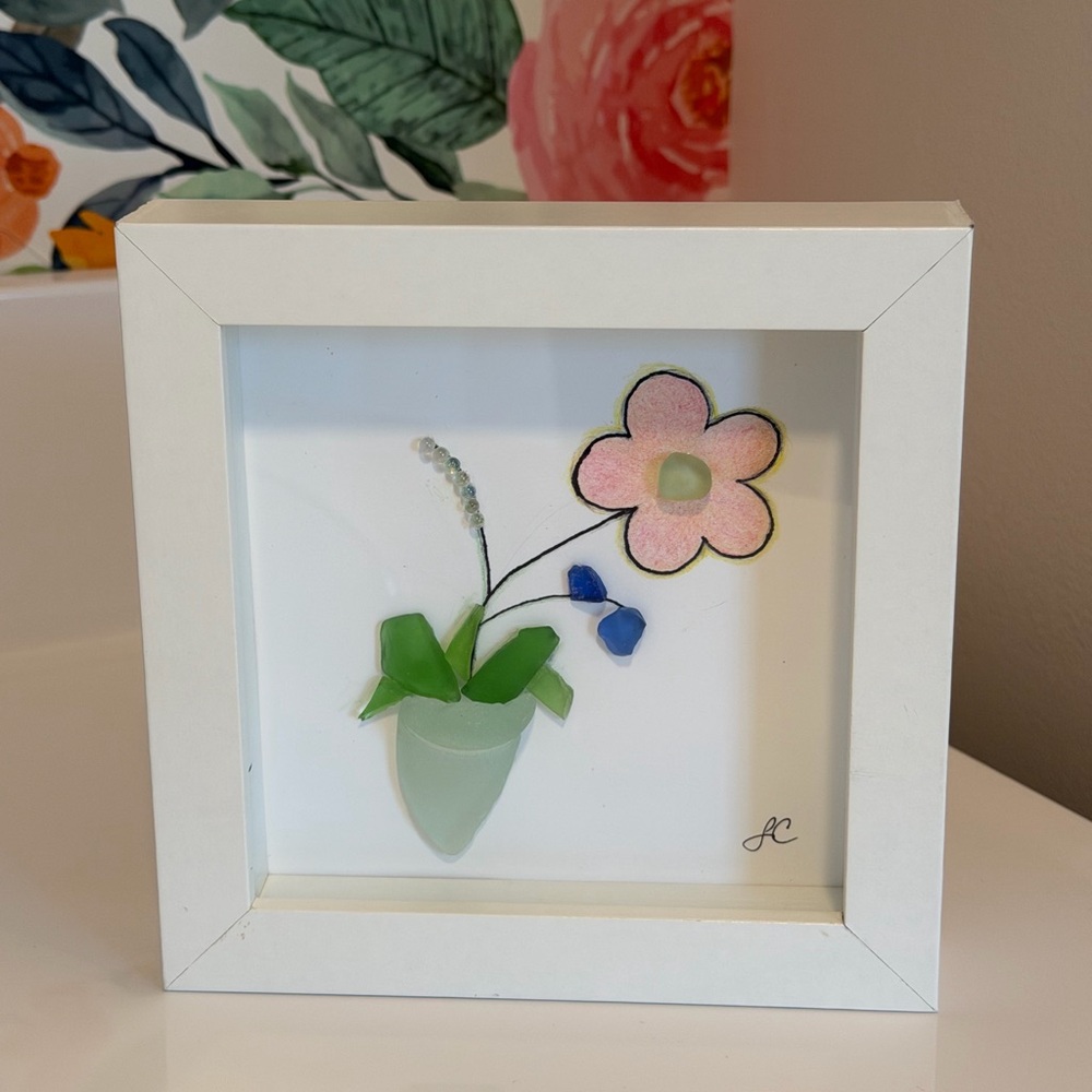 Hand Crafted Sea Glass Flower Shadow Box